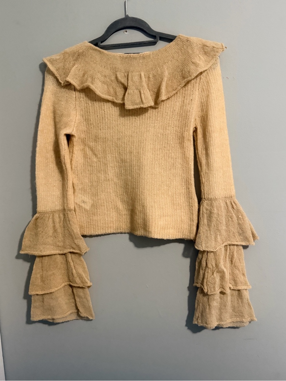 Zara Tan Ruffle-Trim Knit Sweater - Picture 6 of 6